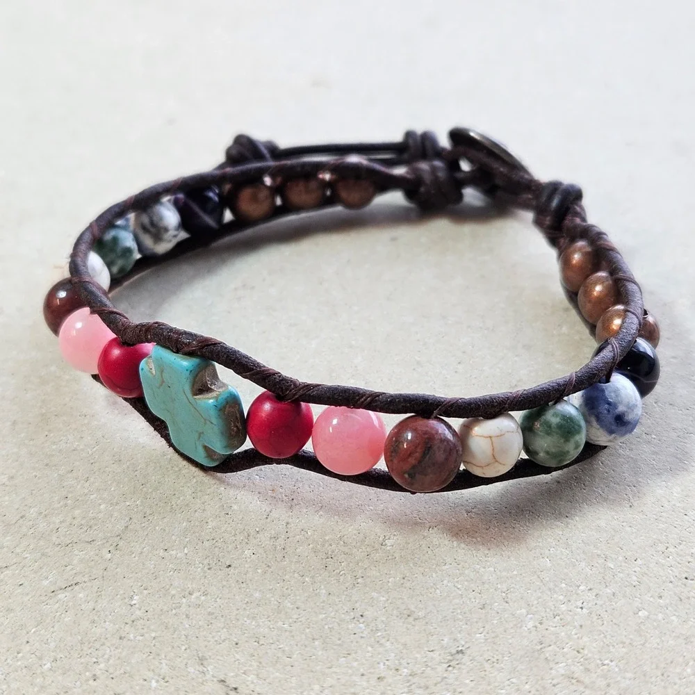 Boho Leather Wrap Bracelet Turquoise Cross Natural Stone‎ Celtic Knot Button